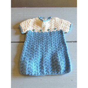 Handmade Crochet Baby Nightgown Blue & White Yarn Button Accents Newborn-3M Soft